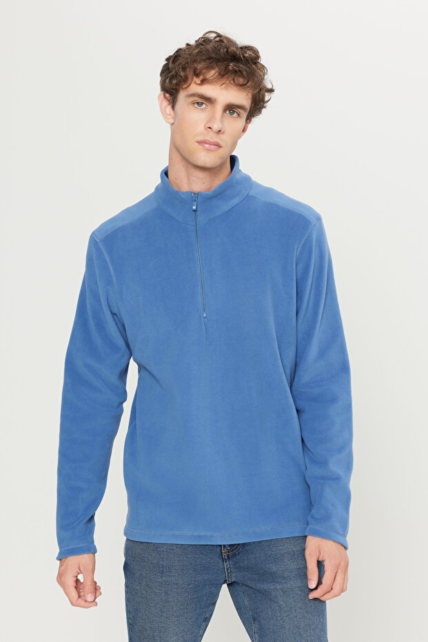 Erkek Indigo Anti-pilling Tüylenme Yapmayan Standart Fit Dik Yaka Soğuk Geçirmez Polar Sweatshirt - 4