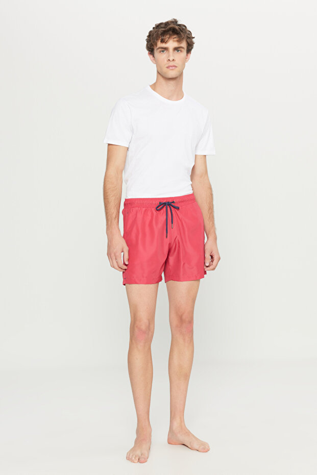 Erkek Kırmızı Hızlı Kuruyan Yan Cepli Desenli Standart Fit Normal Kesim Deniz Şortu Mayo - 4