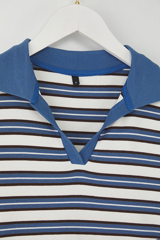 Teen Mavi Çizgili Polo Yaka Fitted/Vücuda Oturan Örme Bluz TWOAW26BZ00034 - 6