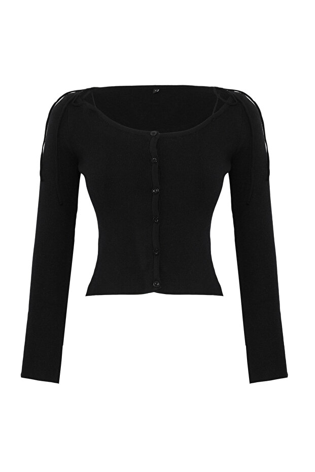 Teen Siyah Premium İplik/Özel İplik Fitted/Vücuda Oturan Crop/Kısa Triko Kazak TWOAW26KZ00017 - 5