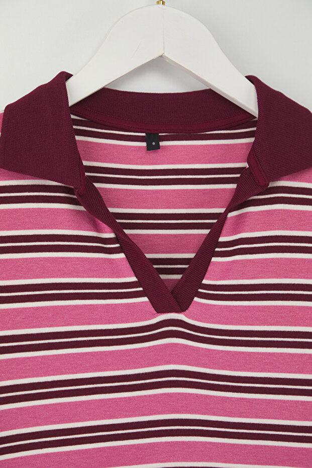 Teen Pembe Çizgili Polo Yaka Fitted/Vücuda Oturan Örme Bluz TWOAW26BZ00034 - 6
