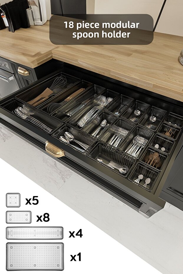 18-Piece Modular Set Cutlery Drawer Organizer Cutlery and Knife Organizer Anthracite