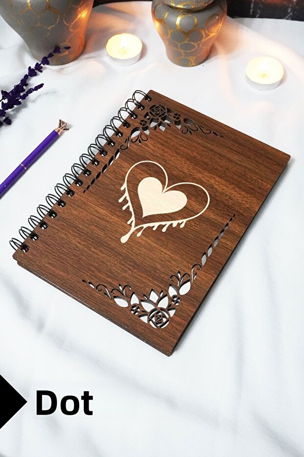 Heart Wooden Cover Notebook - Dotted Notebook - 60 Sheets (120 Pages) - A5 15X21 cm