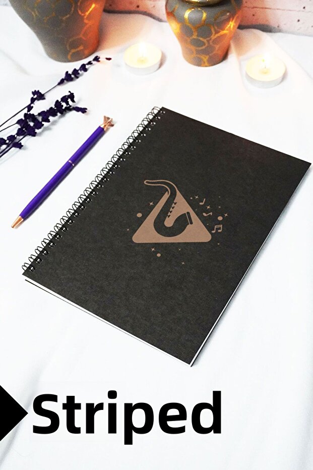 A5 Music Themed Black Kraft Cover Notebook - Lined Notebook - 60 Sheets (120 Pages) 15X21 cm
