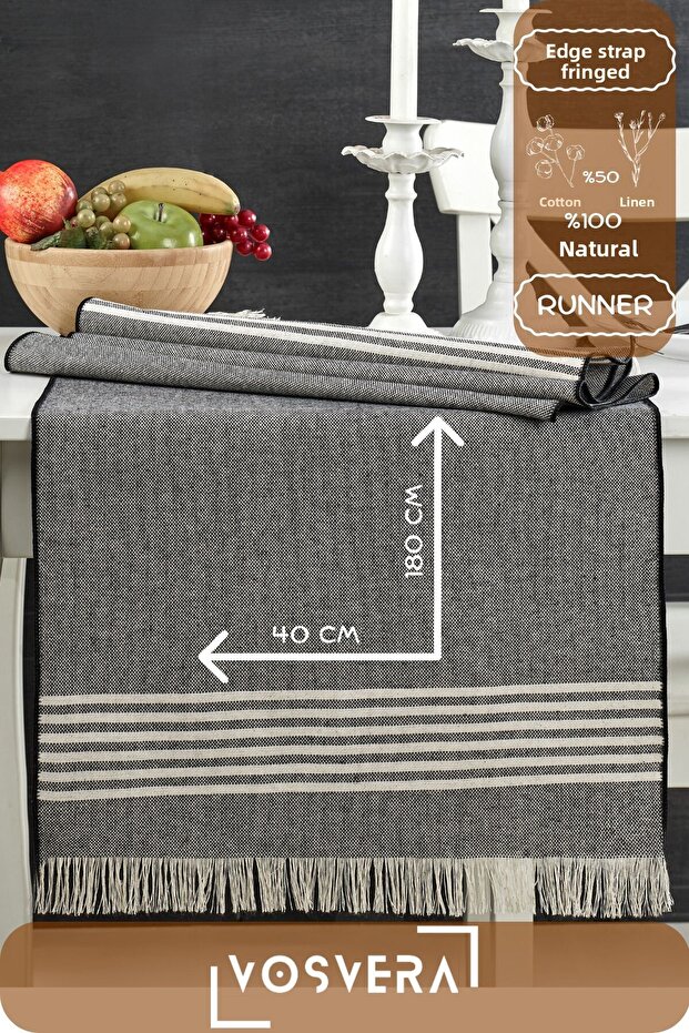 Fringed Natural Cotton Linen Rufle Vintage Runner with Curved Detail and Piping 40 X 180 cm