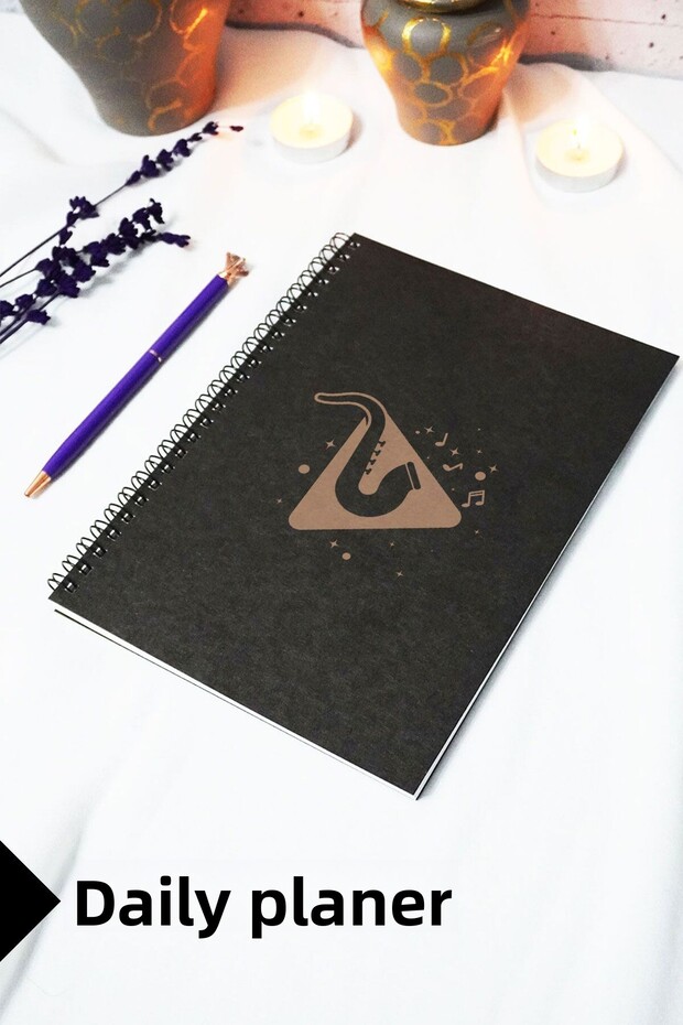 A5 Music Note Patterned Black Kraft Cover Notebook - Daily Planner - 45 Sheets (90 Pages) 15X21 cm