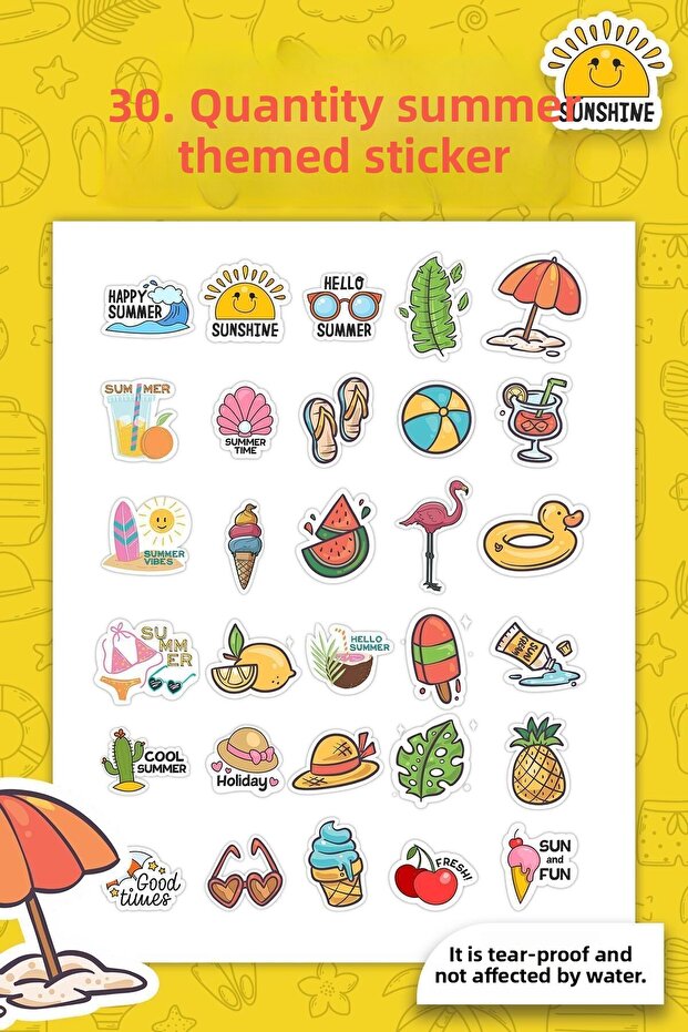 Summer Theme Waterproof Sticker Set, 30 Pieces, Suitable for All Surfaces, Sea Holiday Stickers