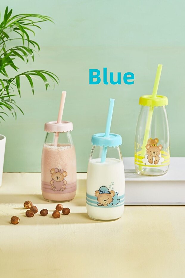 C-00521 Sleepy Bear Milk Bottle 250ml Glass Drink-Milk Bottle with Straw