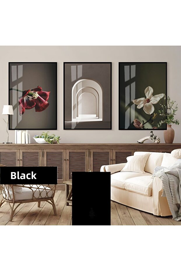Amazing | Soft Flower Combination (Macro Boho) | Framed Glass Table 3 Pieces Vertical