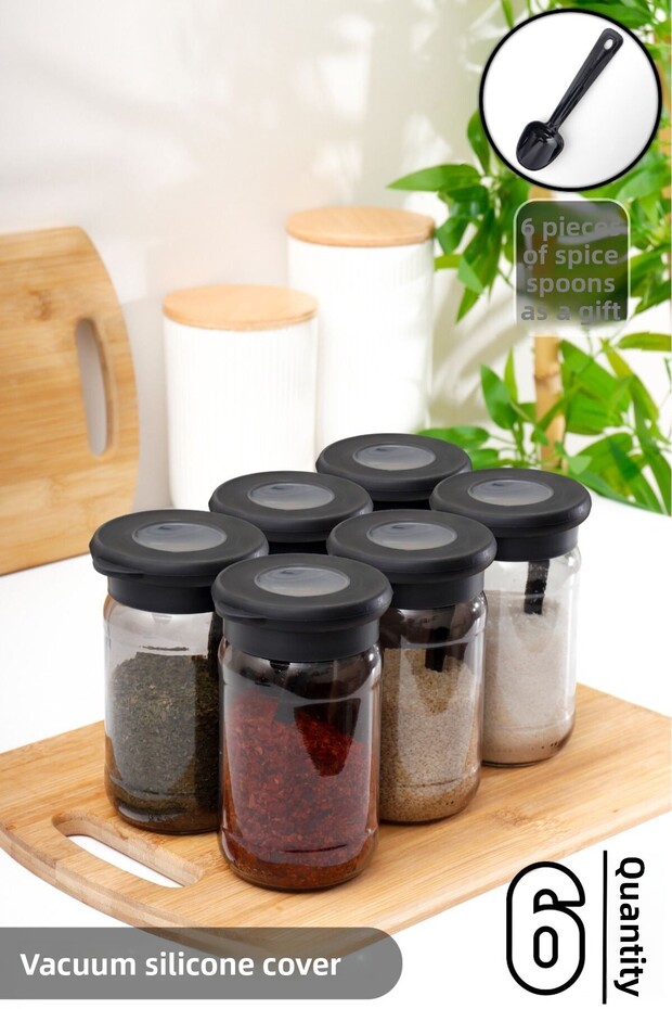 Black Pearl 6 Pieces Glass Jar Spice Set - Vacuumed with Silicone Lid