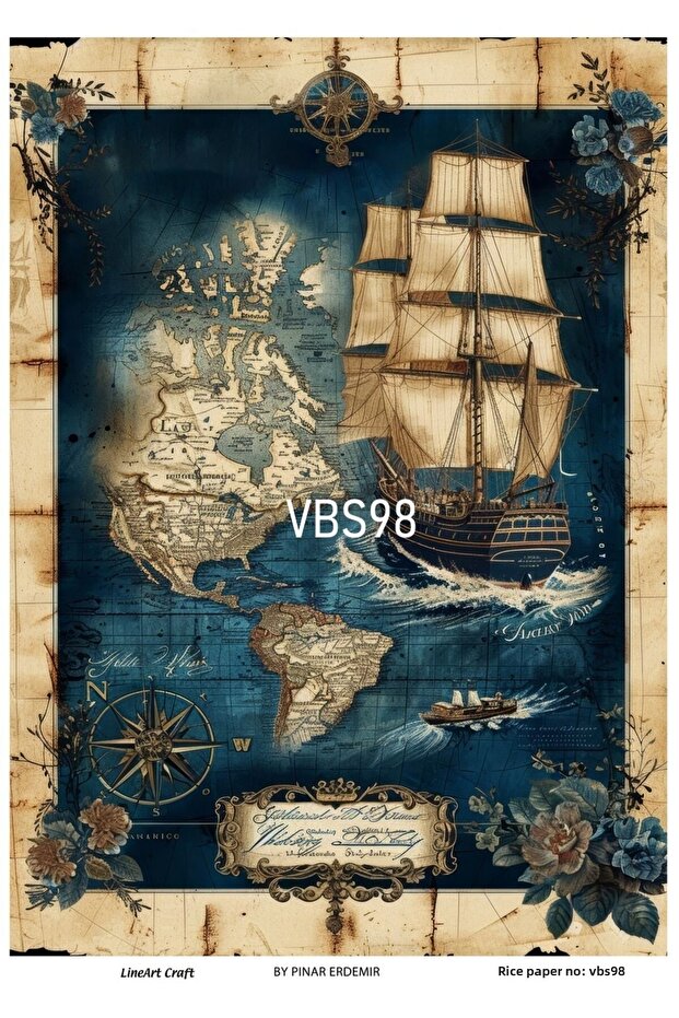 VBS98 نموذج الأزرق الداكن المحيط المراكب الشراعية البوصلة منقوشة ورقة ديكوباج النحاس - 29X42cm