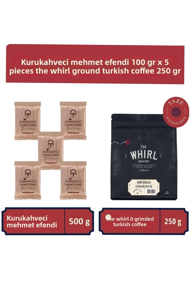 Kurukahveci Mehmet Efendi 100 gr x 5 Packs and The Whirl Ground Turkish Coffee 250 gr
