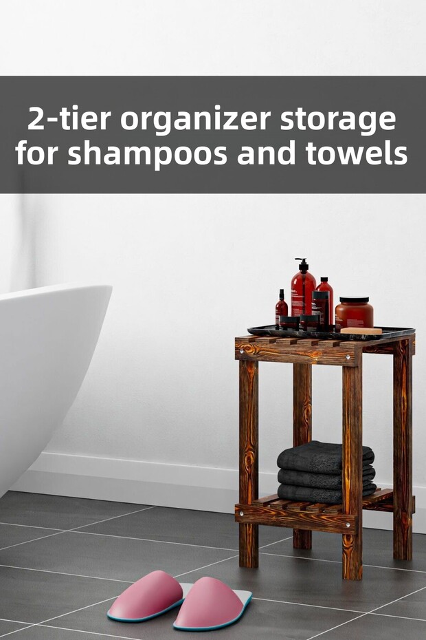 Wooden Bathroom Shelf, Smart Storage for Shampoo, Towels and Personal Items with 2-Tier Organizer
