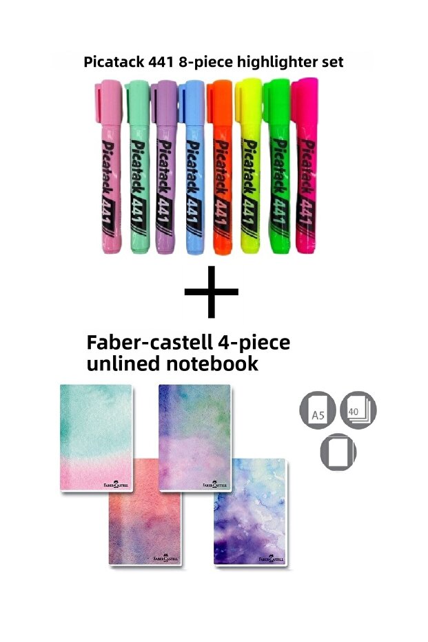 Picatack 441 Highlighter Set of 8 + Cardboard Cover Upright A5 Watercolors 4-Piece Unlined Notebook