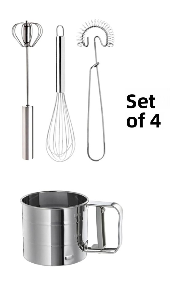 4-Piece Kitchen Utensil Set; Flour Sieve + 3-Piece Whisk Set