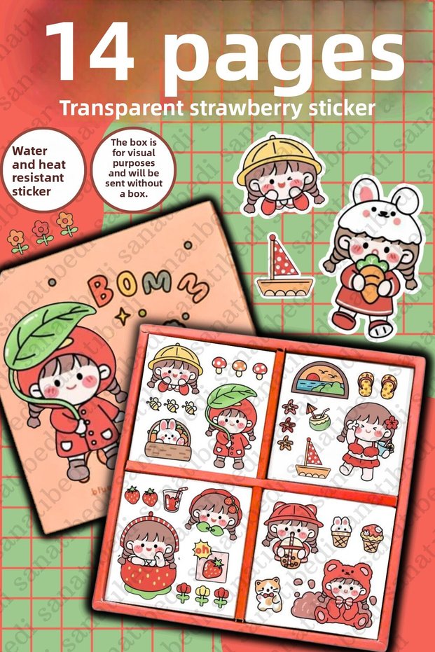 14 Sheets Transparent Strawberry Cute Water Resistant Sticker Set- Laptop Phone Notebook Sticker