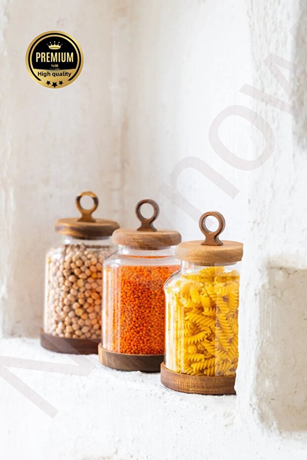 3-Piece Acacia Lid Glass Jar 1100 ml