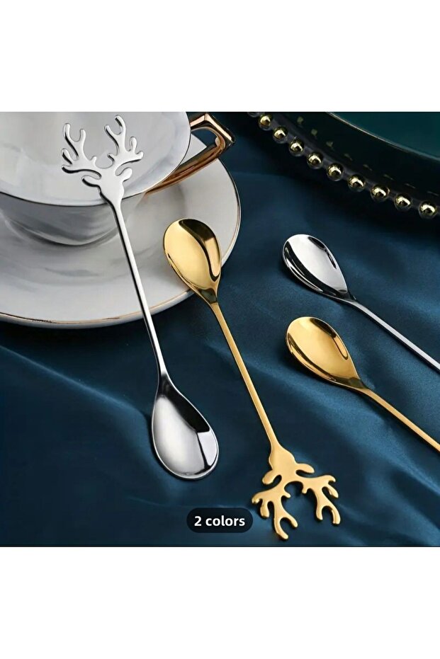 Set of 4 Deer Designed Coffee Tea Dessert Spoons. (2 Gold, 2 Silver Colours)