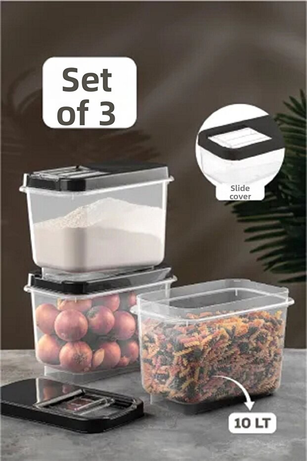 3 Pieces Storage Container Box Sliding Lid 10lt - Black Fma00766