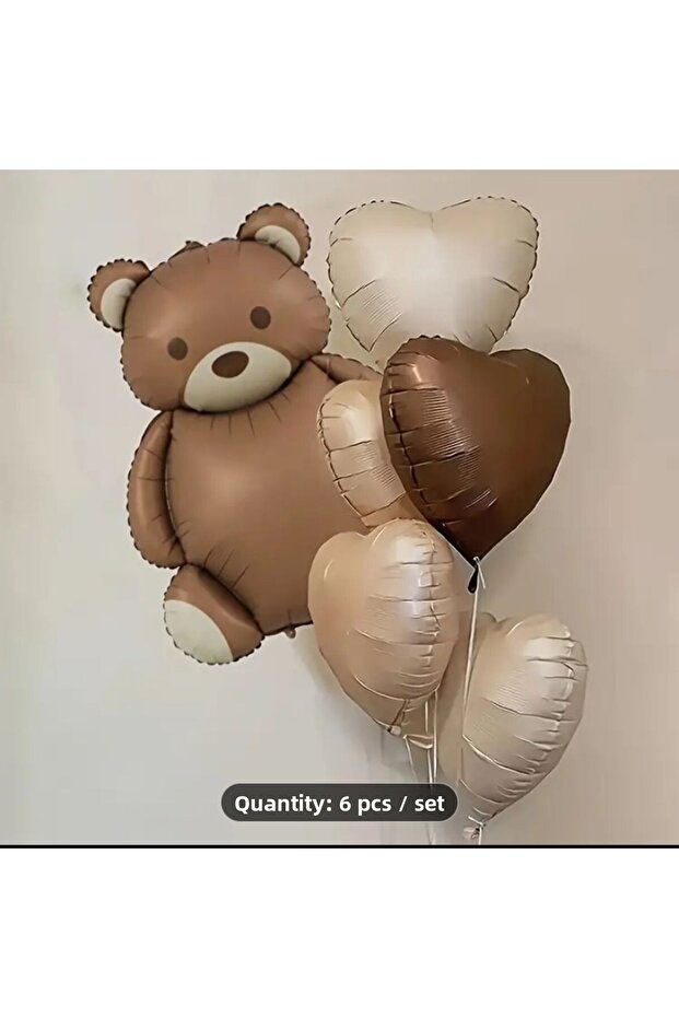 Brown Retro Bear and Heart Foil Balloon Set 6 Pieces