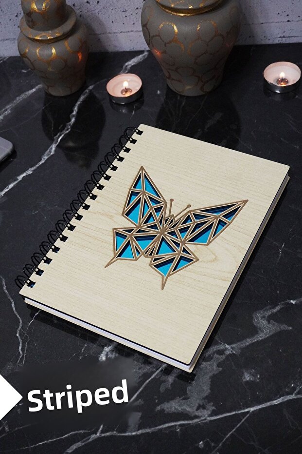 Butterfly Themed Wooden Cover Notebook - Lined Notebook - Agenda - School Notebook (A5 - 120 Pages)