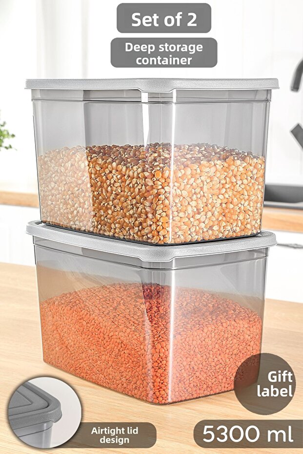 2 Deep Food Storage Containers with Labels - Large Size Flour Pulses Container Food Box Anthracite 5300 ml - 1