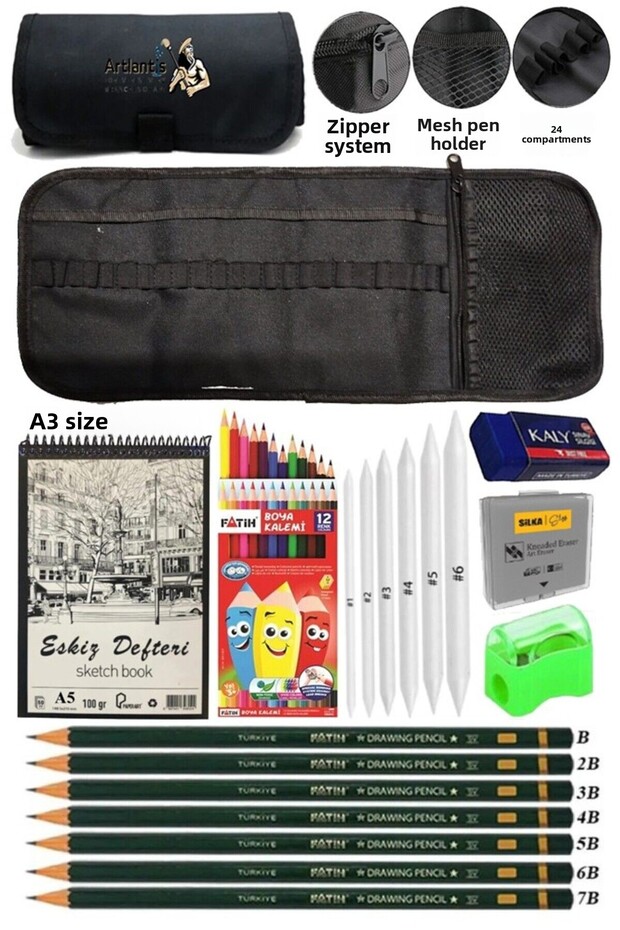 A3 Ring Binder Sketchbook Spiral Roller Pen Holder Black 24 Compartments 12 Colors Gouache Graduated Pen Dough
