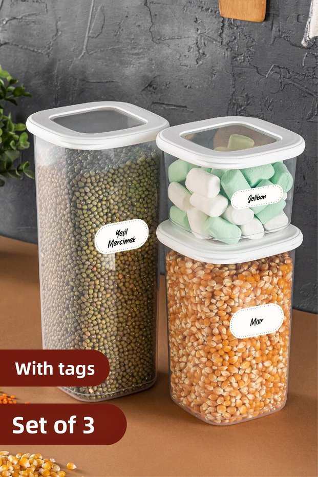 Square Food Storage Container with Foly Label Set of 3 1x (0.55 LITER, 1.2 LITER, 1.75 LITER)