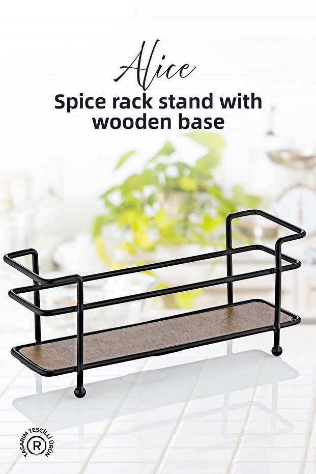 Metal Spice Rack Stand with Wooden Base - Spice Rack Organizer
