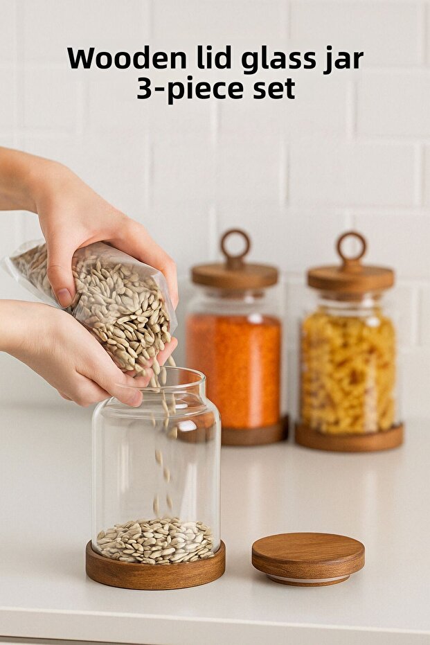 Set of 3 Glass Jars with Wooden Lids, Vacuum Lids, Large Size Food Storage Container