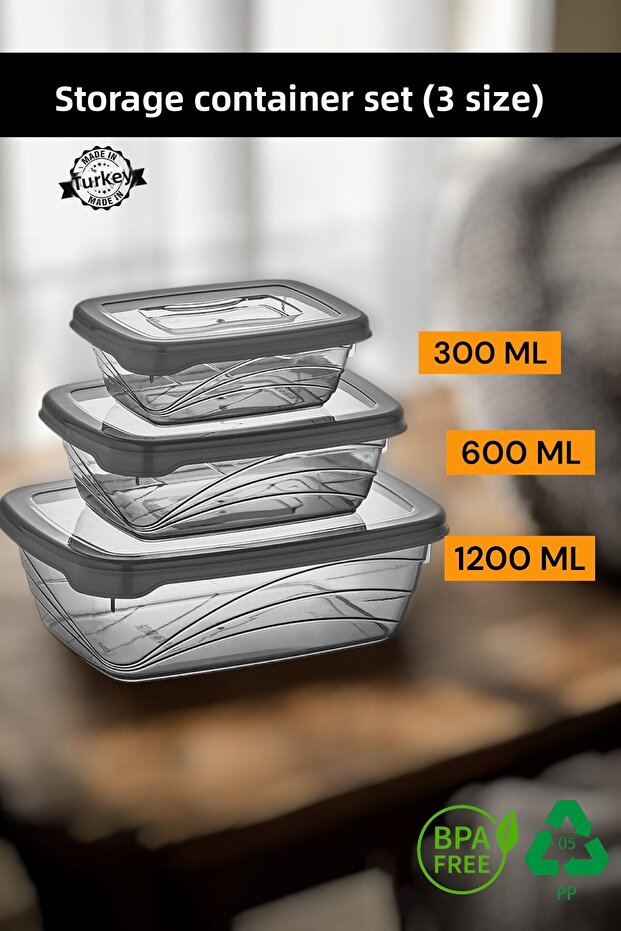 Bio 3-Piece Storage Container Set 3-Piece Set 6-Piece Set of Rectangular Storage Containers (300 Ml+600 Ml+1200 ml) - 1
