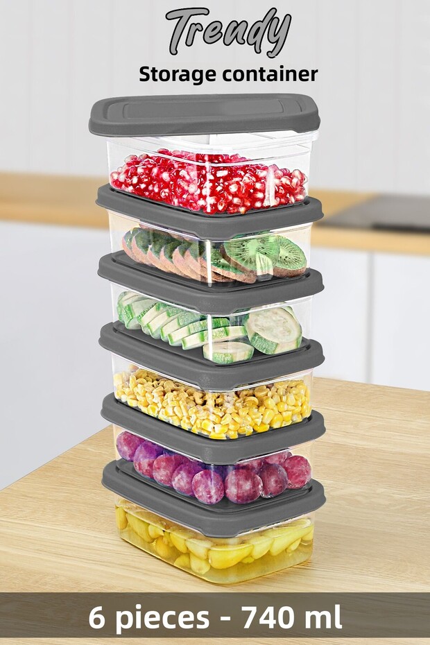 6 Pieces Gray Rectangular Food Storage Container - 740ml Microwavable Organizer - 1