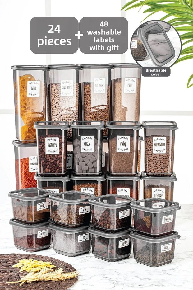 Set of 24 Square Food Storage Containers with Lids Anthracite 8X(0.50 Lt-1.10 Lt -1.70 Lt) with Label Gift