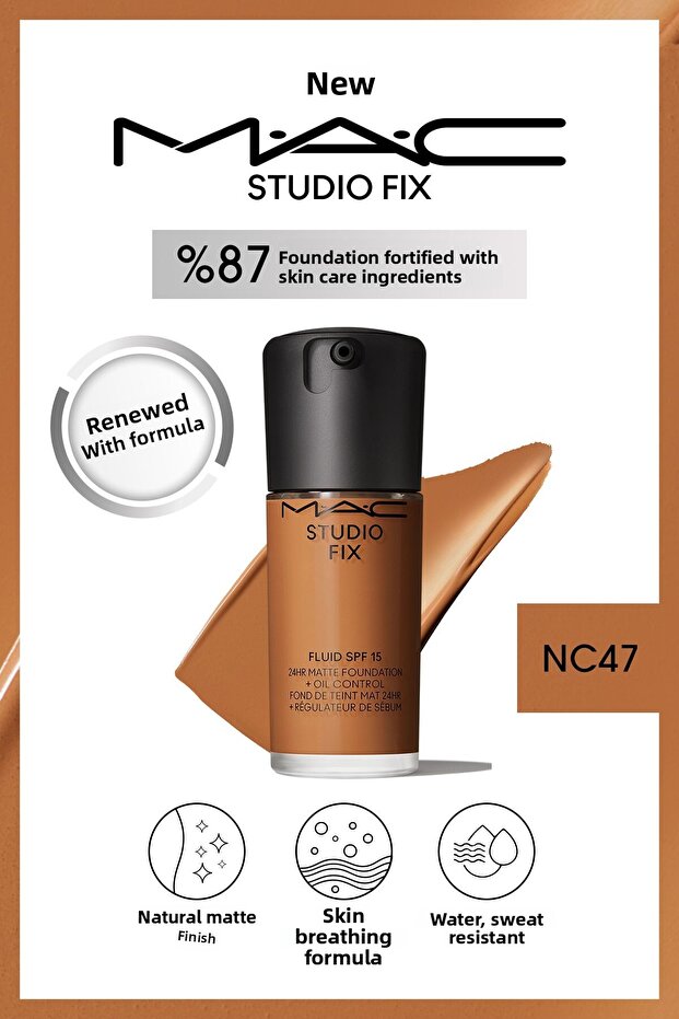 Matte Foundation Lasting up to 24 Hours - Studio Fix Fluid Spf15 - Color: Nc47 - 30ml