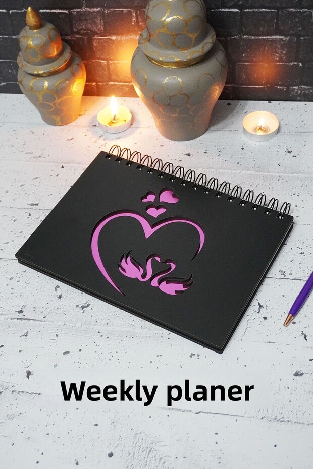 A5 Swan Love Design Black Wooden Schedule Book - Undated Agenda - Weekly Planner