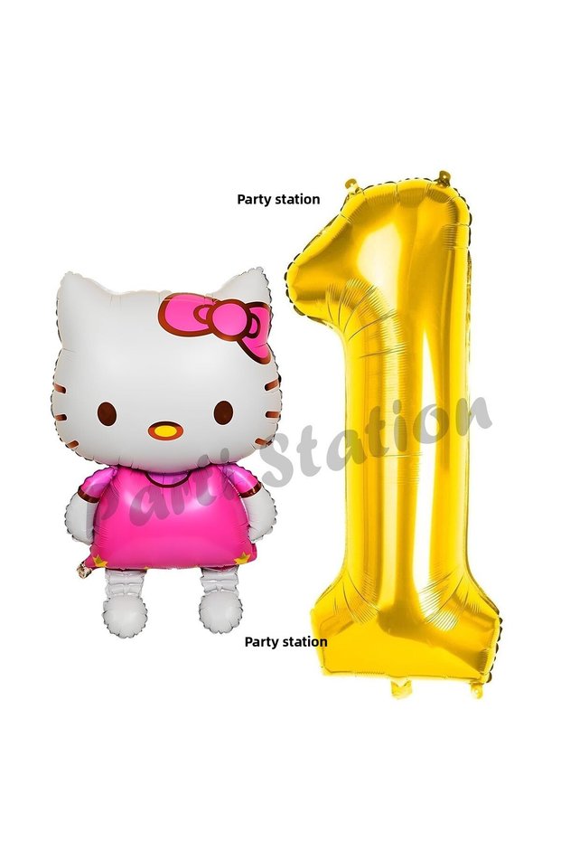 Hello Kitty 1 Year Old Birthday Party Set - Balloon and Gold Number Cat Balloon