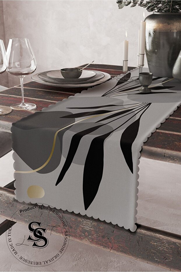 Digital Printed Decorative Runner with Black Leaves Pattern on Gray Background - 1