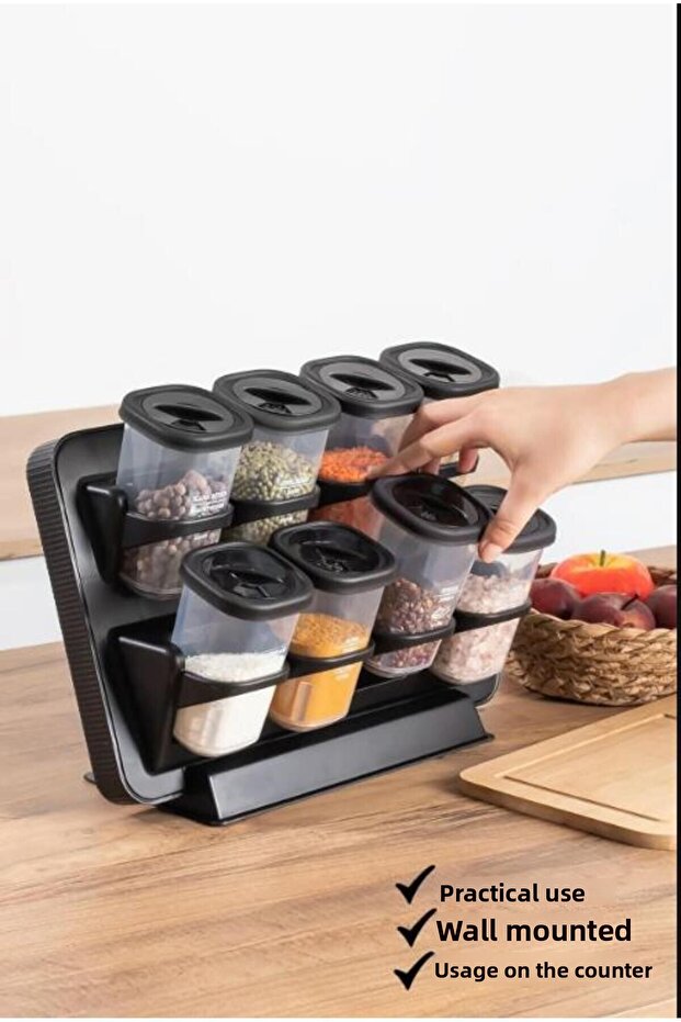 Black Countertop Spice Set with Stand and Lid, 8-Piece, Adhesive Wall Mountable