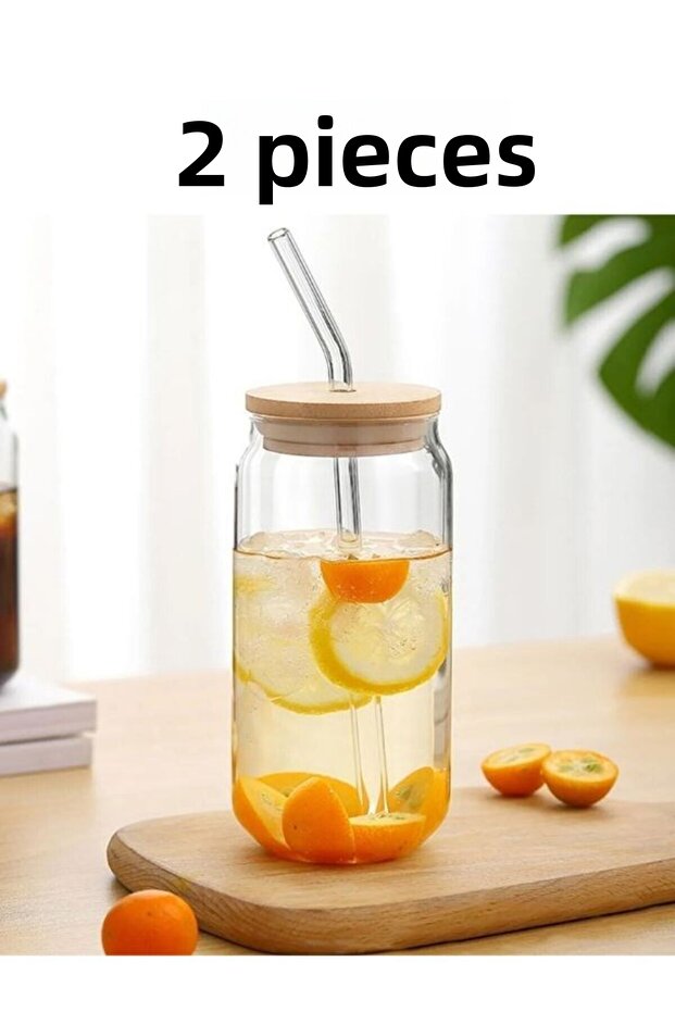 2-Piece Heat-Resistant Glass Straw and Wooden Lid Bubble Tea and Borosilicate Cup Coffee Presentation