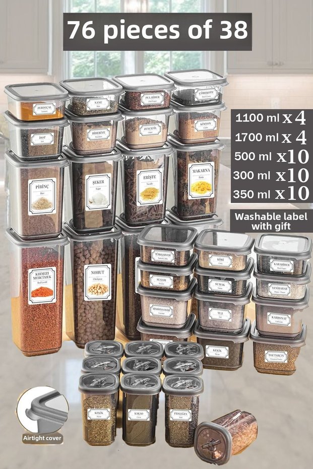 Diana Set of 38 76-Piece Square Storage Containers & Spices 4X(1700ml 1100ml)10X(500Ml350Ml300 ml)
