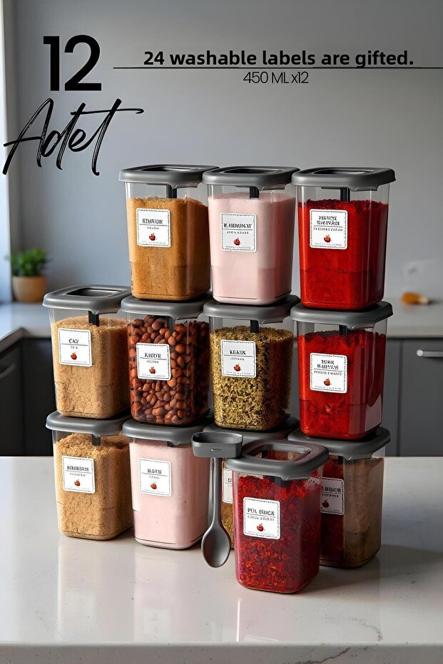 Set of 12 400 ml Spice Containers with Labels and Spoons – Transparent Storage Container with Lid - 1
