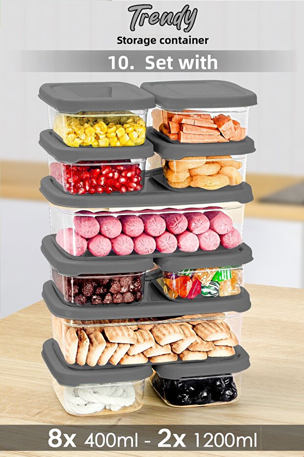 Set of 10 Gray Food Storage Containers - Microwavable Organizer