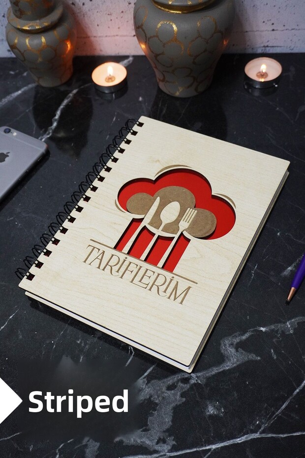 Kitchen Themed Wooden Cover Notebook - Lined Recipe Book - Agenda - School Notebook (A5 - 120 Pages)