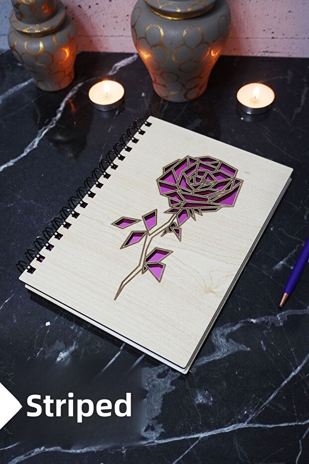 Rose Themed Wooden Cover Notebook - Lined Notebook - Agenda - School Notebook (A5 - 120 Pages)