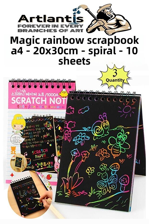 لوحة كشط قوس قزح سحرية مقاس A4 20 × 30 سم 3 عبوات 10 ورقات ملاحظة للخدش Sprallic Black Magic Res