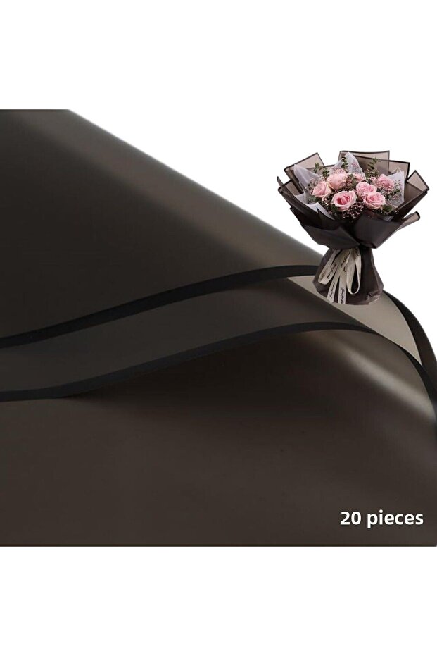 Black Floral Wrapping Paper with Black Edge 20 Pcs, Waterproof Matte Transparent Bouquet Wrapping Paper, 58X58 cm