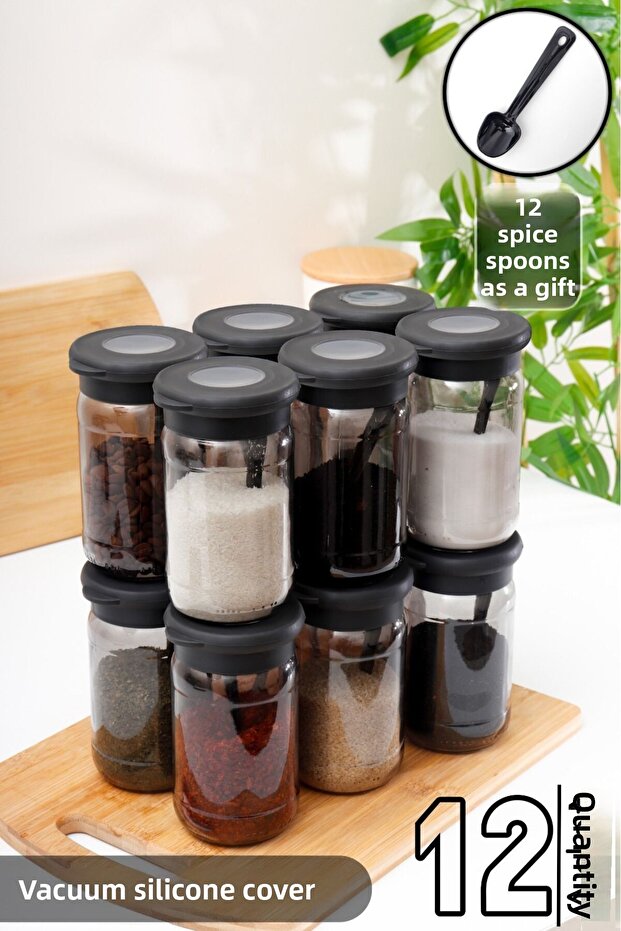 Black Pearl 12 Pieces Glass Jar Spice Set - Vacuumed with Silicone Lid