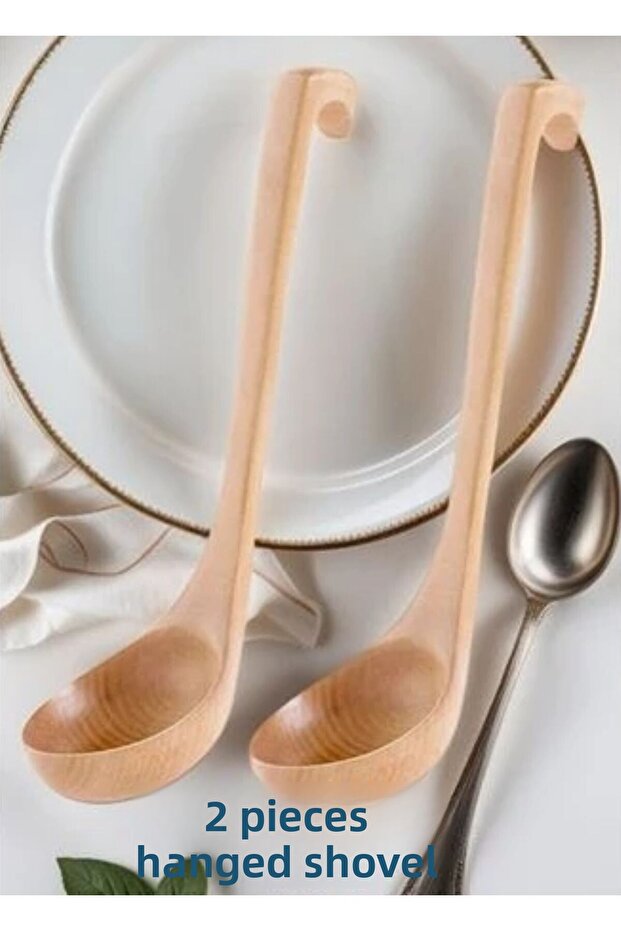 Wooden Kitchen Ladle Sauce Soup Ladle with Hanging Bracket 2 Pieces