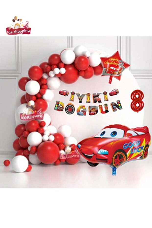 White Red Concept Birthday Party Set with Banner 8 Years 36 cm Red Car Star Foil Balloons