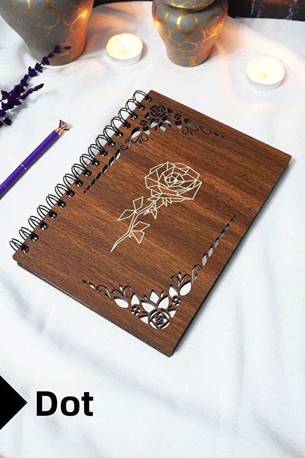 Rose Wooden Cover Notebook - Dotted Notebook - 60 Sheets (120 Pages) - A5 15X21 cm